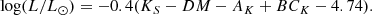 $$ \begin{aligned} \log (L / L_\odot ) = -0.4 (K_S - DM - A_K + BC_K - 4.74). \end{aligned} $$