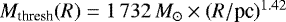 $M_{\textrm{thresh}}(R)=1\,732\,{M}_{\odot}\times (R/\textrm{pc})^{1.42}$