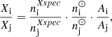 $$ \begin{aligned} \frac{X_{\rm i}}{X_{\rm j}}=\frac{n_{\rm i}^{ Xspec}}{n_{\rm j}^{ Xspec}}\cdot \frac{n_{\rm i}^{\odot }}{n_{\rm j}^\odot }\cdot \frac{A_{\rm i}}{A_{\rm j}}, \end{aligned} $$