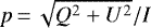 $p\,{=}\,\sqrt{Q^2&#x002B;U^2}/I$