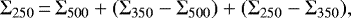 \begin{equation*}\Sigma_{250}\,{=}\,\Sigma_{500} &#x002B; (\Sigma_{350} - \Sigma_{500}) &#x002B; (\Sigma_{250} - \Sigma_{350}), \end{equation*}