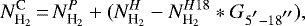 \begin{equation*}N^{\textrm{C}}_{\textrm{H}_2}\,{=}\,N^{P}_{\textrm{H}_2} &#x002B; (N^{H}_{\textrm{H}_2} - N^{H18}_{\textrm{H}_2} * G_{5\hbox{$^{\prime}$} - 18\hbox{$^{\prime\prime}$}}), \end{equation*}