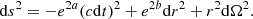$$ \begin{aligned} {{\mathrm{d} }s}^2=-e^{2a}(c{{\mathrm{d} }t})^2+e^{2b}{{\mathrm{d} }r}^2+r^2{\mathrm{d} }\Omega ^2 .\end{aligned} $$