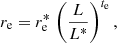$$ \begin{aligned} r_{\rm e} = r_{\rm e}^* \, \left(\frac{L}{L^*}\right)^{t_{\rm e}}, \end{aligned} $$