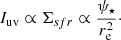 $$ \begin{aligned} I_{\rm uv} \propto \Sigma _{sfr } \propto \frac{\psi _{\star }}{r_{\rm e}^2}\cdot \end{aligned} $$