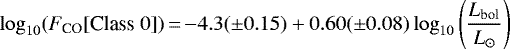 \begin{equation*} \log_{10}(F_{\textrm{CO}}[{\textrm{Class}\ 0}])\,{=}\,{-}4.3({\pm}0.15) &#x002B; 0.60({\pm}0.08)\log_{10}\left(\frac{{L}_{\textrm{bol}}}{{L}_{\odot}}\right) \end{equation*}