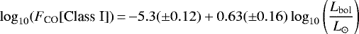 \begin{equation*} \log_{10}(F_{\textrm{CO}}[{\textrm{Class}\ \textrm{I}}])\,{=}\,{-}5.3({\pm}0.12) &#x002B; 0.63({\pm}0.16)\log_{10}\left(\frac{L_{\textrm{bol}}}{L_{\odot}}\right) \end{equation*}
