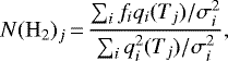 \begin{equation*} N(\mathrm{H}_2)_j\,{=}\,\frac{\sum_i f_iq_i(T_j)/\sigma_i^2}{\sum_i q^2_i(T_j)/\sigma_i^2},\end{equation*}