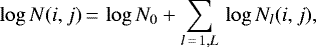 \begin{equation*} \log N(i,j) \,{=}\, \log N_0 &#x002B; \sum_{l\,{=}\,1,L}\, \log N_l(i,j), \end{equation*}