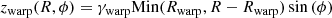 $$ \begin{aligned} z_{\rm warp}(R,\phi ) = \gamma _{\rm warp}\mathrm{Min}(R_{\rm warp},R-R_{\rm warp})\sin {(\phi )} \end{aligned} $$