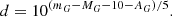 $$ \begin{aligned} d = 10^{(m_G - M_G - 10 - A_G)/5}. \end{aligned} $$