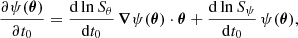$$ \begin{aligned}&\frac{\partial \psi (\boldsymbol{\theta })}{\partial t_0} = \frac{\mathrm{d}\ln S_\theta }{\mathrm{d}t_0}\, \boldsymbol{\nabla }\psi (\boldsymbol{\theta }) \cdot \boldsymbol{\theta }+ \frac{\mathrm{d}\ln S_\psi }{\mathrm{d}t_0}\,\psi (\boldsymbol{\theta }) {,}\end{aligned} $$