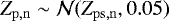 \begin{align*} {Z_{\mathrm{p,n}}} &\sim \mathcal{N}({Z_{\mathrm{ps,n}}}, 0.05) \end{align*}