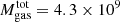$ M_{\mathrm{gas}}^{\mathrm{tot}}=4.3 \times 10^{9} $