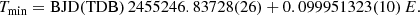 $$ \begin{aligned} T_{\rm min}=\mathrm{BJD(TDB)}\,2455246.83728(26) + 0.099951323(10)\,E. \end{aligned} $$