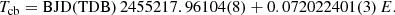$$ \begin{aligned} T_{\rm cb}=\mathrm{BJD(TDB)}\,2455217.96104(8) + 0.072022401(3)\,E. \end{aligned} $$