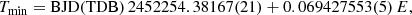 $$ \begin{aligned} T_{\rm min}=\mathrm{BJD(TDB)}\,2452254.38167(21) + 0.069427553(5)\,E, \end{aligned} $$