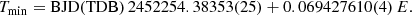 $$ \begin{aligned} T_{\rm min}=\mathrm{BJD(TDB)}\,2452254.38353(25) + 0.069427610(4)\,E. \end{aligned} $$