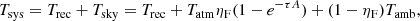 $$ \begin{aligned} T_{\rm sys} = T_{\rm rec} + T_{\rm sky} = T_{\rm rec} + T_{\rm atm} \eta _{\rm F} (1-e^{-\tau A}) + (1 - \eta _{\rm F}) T_{\rm amb} , \end{aligned} $$
