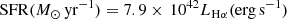 $$ \begin{aligned} \mathrm{SFR}(M_\odot \,\mathrm{yr}^{-1})=7.9\times \,10^{42} L_{\mathrm{H\alpha }}(\mathrm{erg\,s}^{-1}) \end{aligned} $$