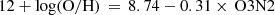$$ \begin{aligned} 12 + \mathrm{log(O/H)}\,=\,8.74 - 0.31\times \,\mathrm{O3N2} \end{aligned} $$