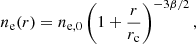 $$ \begin{aligned} n_{\rm e}(r) = n_{\rm e,0} \left(1+\frac{r}{r_{\rm c}}\right)^{-3\beta /2}, \end{aligned} $$
