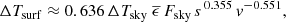 $$ \begin{aligned} \Delta T_{\rm surf} \approx 0.636\, \Delta T_{\rm sky}\;\overline{\epsilon }\, F_{\rm sky}\,s^{\,0.355} \, { v}^{-0.551}, \end{aligned} $$