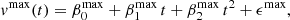 $$ \begin{aligned} { v}^\mathrm{max}(t) = \beta _0^\mathrm{max} + \beta _1^\mathrm{max} \, t + \beta _2^\mathrm{max} \, t^2 + \epsilon ^\mathrm{max}, \end{aligned} $$