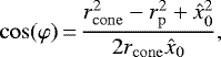 \begin{equation*} \cos(\varphi)\,{=}\,\frac{r_{\mathrm{cone}}^2 - r_{\mathrm{p}}^2 &#x002B; \hat{x}_0^2}{2 r_{\mathrm{cone}} \hat{x}_0}, \end{equation*}