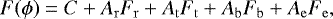\begin{equation*} F(\phi) = C &#x002B; A_{\mathrm{r}}F_{\mathrm{r}} &#x002B; A_{\mathrm{t}}F_{\mathrm{t}} &#x002B; A_{\mathrm{b}}F_{\mathrm{b}} &#x002B; A_{\mathrm{e}}F_{\mathrm{e}}, \end{equation*}