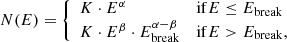 $$ \begin{aligned} N(E) = \left\{ \begin{array}{ll} K \cdot E^{\alpha }&\mathrm{if} E \le E_{\mathrm{break}}\\ K \cdot E^{\beta } \cdot E_{\mathrm{break}}^{\alpha -\beta }&\mathrm{if} E > E_{\mathrm{break}}, \end{array}\right. \end{aligned} $$