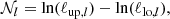 $$ \begin{aligned} {\mathcal{N} }_l = \ln (\ell _{\mathrm{up},l})-\ln (\ell _{\mathrm{lo},l}), \end{aligned} $$