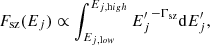 $$ \begin{aligned} F_{\rm sz}(E_{j})&\propto \int _{E_{j,\mathrm low}}^{E_{j,\mathrm high}} {E_{j}^\prime }^{-\Gamma _{\rm sz}} \mathrm{d} E_{j}^\prime , \end{aligned} $$