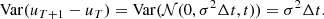 $$ \begin{aligned} \mathrm{Var} (u_{T+1} - u_T) = \mathrm{Var} (\mathcal{N} (0,\sigma ^2 \Delta t,t)) = \sigma ^2 \Delta t. \end{aligned} $$