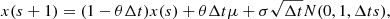 $$ \begin{aligned} x(s+1) = (1-\theta \Delta t)x(s) + \theta \Delta t \mu + \sigma \sqrt{\Delta t} N(0, 1, \Delta t s), \end{aligned} $$