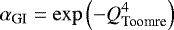 \begin{equation*} \alpha_{\textrm{GI}} = \exp{\left(- Q_{\textrm{Toomre}}^4\right)} \end{equation*}
