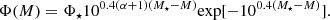 $$ \begin{aligned} \Phi (M) = \Phi _{\star } 10^{0.4 (\alpha +1) (M_{\star }-M)} \mathrm{exp}[-10^{0.4 (M_{\star }-M)}]. \end{aligned} $$