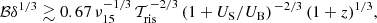 $$ \begin{aligned} {\mathcal{B} }\delta ^{1/3}\gtrsim 0.67\,\nu _{15}^{-1/3}\,{\mathcal{T} }_{\rm ris}^{\,-2/3}\,(1+U_{\rm S}/U_{\rm B})^{\,-2/3}\,(1+z)^{1/3}, \end{aligned} $$