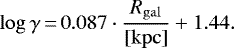 \begin{eqnarray*} \log \gamma\,{=}\,0.087 \cdot \frac{R_{\mathrm{gal}}}{\mathrm{[kpc]}} &#x002B; 1.44 .\end{eqnarray*}