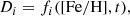 $$ \begin{aligned} \begin{aligned} D_{i}=f_{i}([\mathrm{Fe}/\mathrm{H}], {t}), \end{aligned} \end{aligned} $$