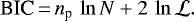 \begin{equation*} \textrm{BIC}\,{=}\,n_{\textrm{p}}\, \ln{N} &#x002B; 2\,\ln{\mathcal L}.\end{equation*}