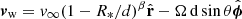 $$ \begin{aligned} \boldsymbol{v}_{\rm w}={ v}_\infty (1-R_*/d)^{\beta }\hat{\mathbf{r}}-\Omega \,\mathrm{d}\sin \theta \hat{\boldsymbol{\phi }} \end{aligned} $$