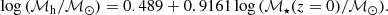 $$ \begin{aligned} \mathrm{log}\,(\mathcal{M} _{\rm h}/\mathcal{M} _\odot )=0.489+0.9161\,\mathrm{log}\,(\mathcal{M} _{\star }(z=0)/\mathcal{M} _\odot ). \end{aligned} $$