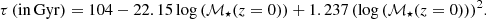 $$ \begin{aligned} \tau \,(\mathrm{in\,Gyr})= 104 - 22.15\,\mathrm{log}\,(\mathcal{M} _{\star }(z=0)) +1.237\,(\mathrm{log}\,(\mathcal{M} _{\star }(z=0)))^2. \end{aligned} $$