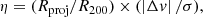 $$ \begin{aligned} \eta =(R_{\rm proj}/R_{200})\times (\left| \Delta { v} \right|/\sigma ) ,\end{aligned} $$