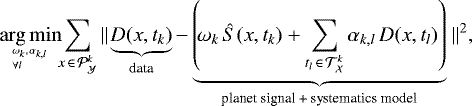 \begin{equation*} \argmin_{{}^{\omega_k, \,\alpha_{k, l}}_{\forall l}} \!\!\sum\limits_{x \, \in \, {\mathcal{P}}_{\mathcal{Y}}^k} \left|\left|\!\! \right.\right. \underbrace{ D(x, t_k)}_{\text{data}} - \underbrace{\left(\!\omega_k \, \hat{S}(x, t_k) &#x002B; \sum\limits_{t_l \,\in\,{\mathcal{T}}_{\mathcal{X}}^k} \alpha_{k, l} \, D(x, t_l)\right)}_{\text{planet signal &#x002B; systematics model}} \left.\left. \!\right|\right|^2\!,\end{equation*}