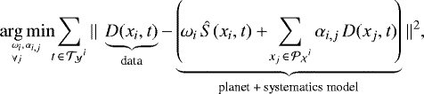 \begin{equation*} \argmin_{{}^{\omega_i, \,\alpha_{i, j}}_{\forall j}} \!\!\sum\limits_{t \,\in\, {{\mathcal{T}}_{\mathcal{Y}}}^i} \left|\left| \right.\right. \underbrace{ D(x_i, t)}_{\text{data}} - \underbrace{\left(\!\omega_i \, \hat{S}(x_i, t) &#x002B; \!\sum\limits_{x_j \,\in\,{{\mathcal{P}}_{\mathcal{X}}}^i} \alpha_{i, j} \, D(x_j, t)\!\right)}_{\text{planet &#x002B; systematics model}} \left.\left. \!\right|\right|^2\!,\end{equation*}