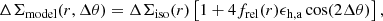 $$ \begin{aligned} \Delta \Sigma _{\rm model}(r,\Delta \theta )=\Delta \Sigma _{\rm iso}(r)\left[1+4 f_{\rm rel}(r) \epsilon _{\rm h,a} \cos (2\Delta \theta )\right], \end{aligned} $$
