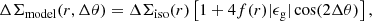 $$ \begin{aligned} \Delta \Sigma _{\rm model}(r,\Delta \theta )=\Delta \Sigma _{\rm iso}(r)\left[1+4 f(r) |\epsilon _{\rm g}| \cos (2\Delta \theta )\right], \end{aligned} $$