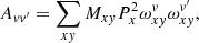 $$ \begin{aligned}&{A_{{ vv}^{\prime }}}=\sum _{x{ y}}M_{x{ y}}P_x^2\omega _{x{ y}}^{ v}\omega _{x{ y}}^{{ v}^{\prime }}, \end{aligned} $$